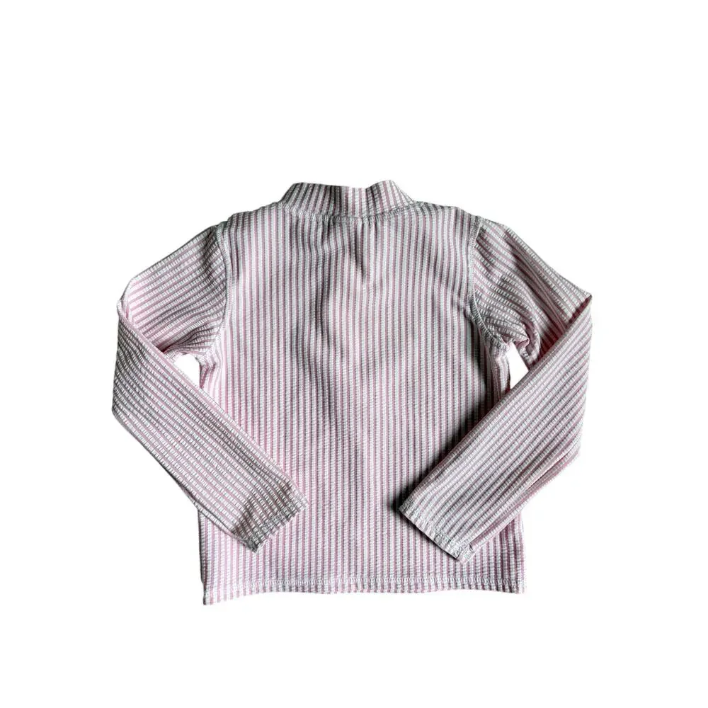 RuffleButts Seersucker Long Sleeve Rash Guard (Pink & White Striped) - 4T